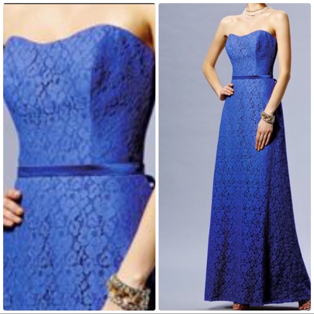 Belsoie Elegant Strapless Blue Lace Prom Dress